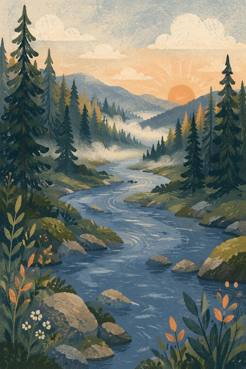 Peaceful Evergreen River Valley at Dawn