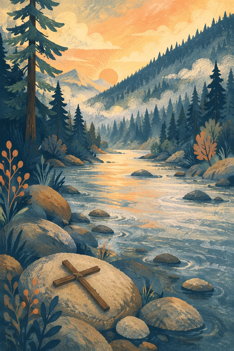 Peaceful Evergreen Valley River with Twig Cross