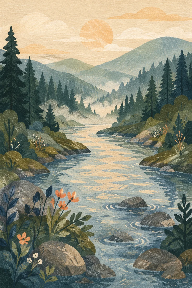 Peaceful River in Evergreen Morning Valley