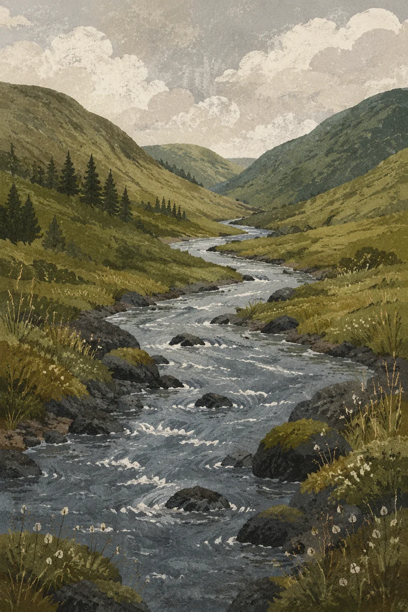 Peaceful River Through Evergreen Valley