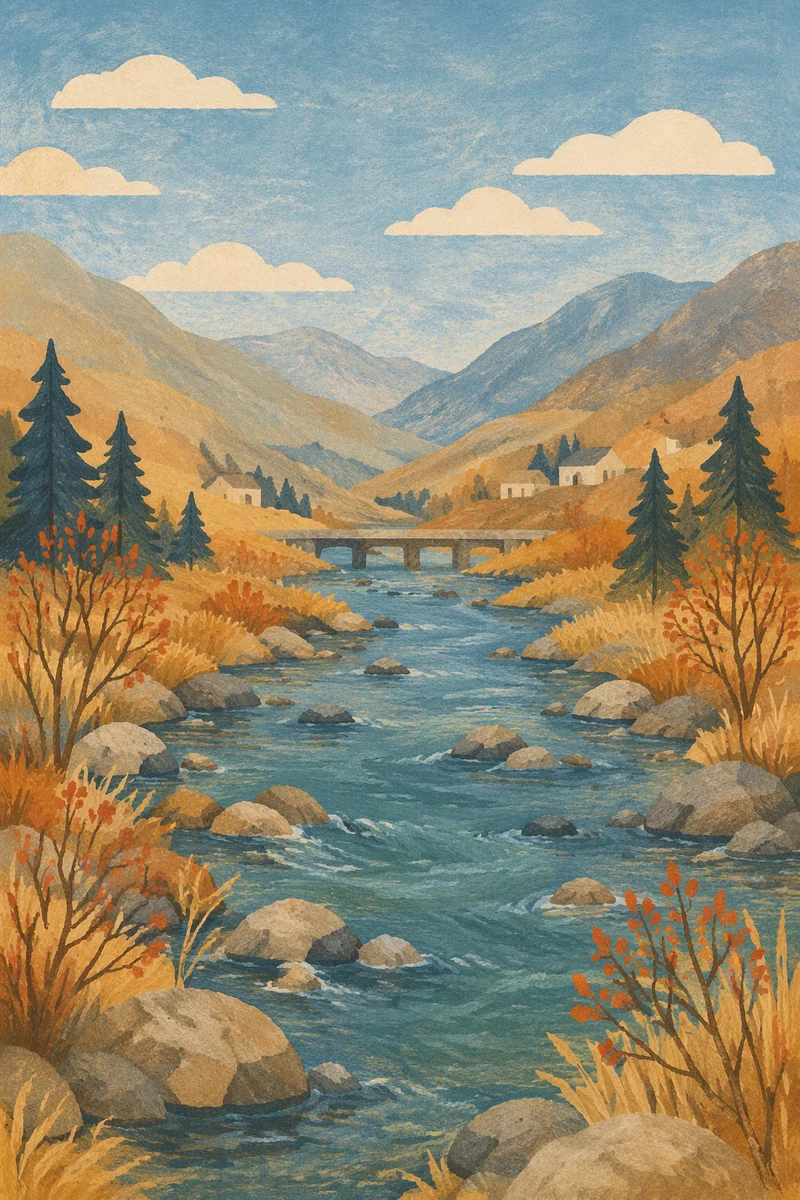 Peaceful River Through Evergreen Mountain Valley