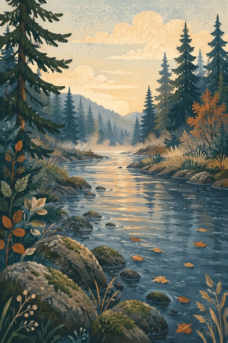 Peaceful Evergreen Valley River at Dawn