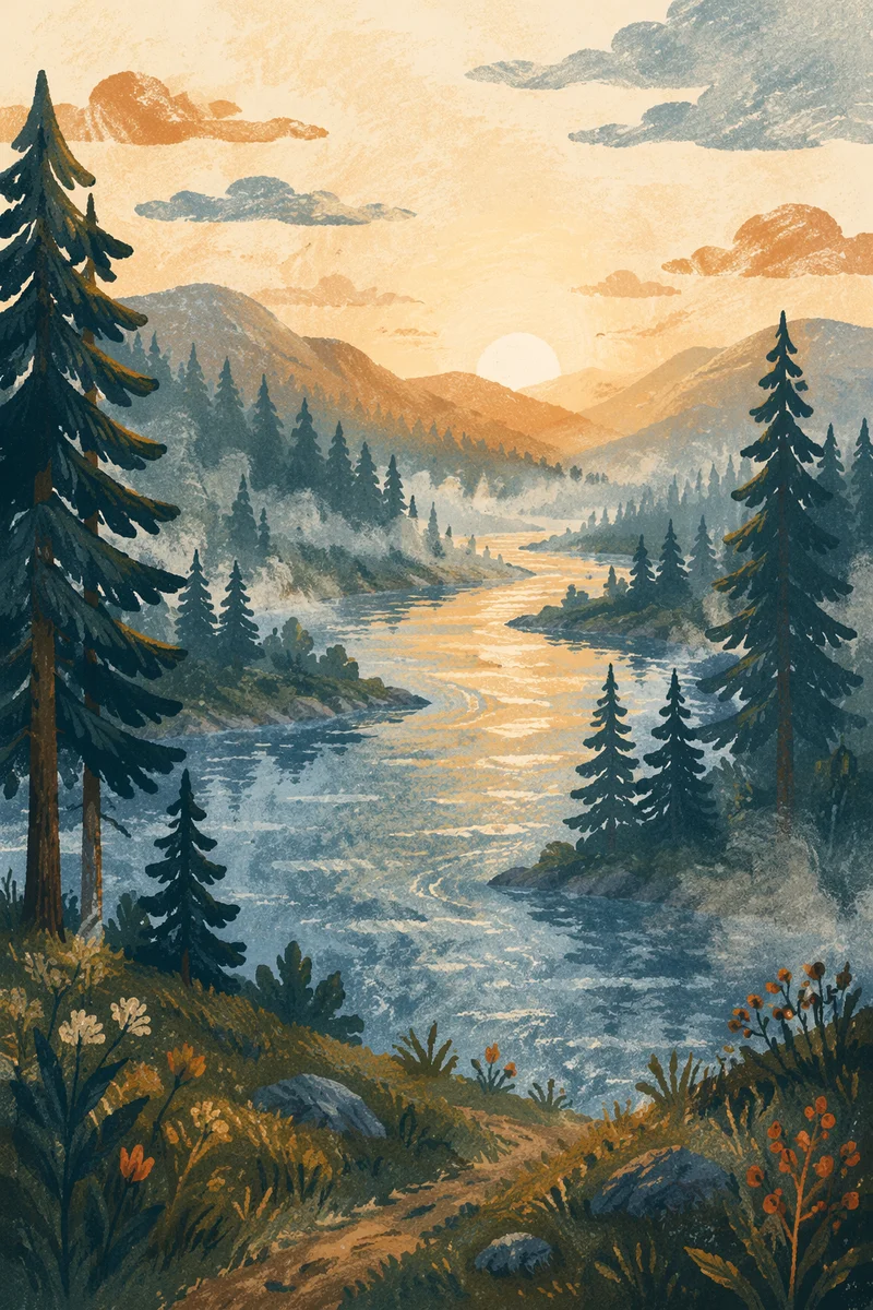 Peaceful Evergreen Valley River at Sunrise