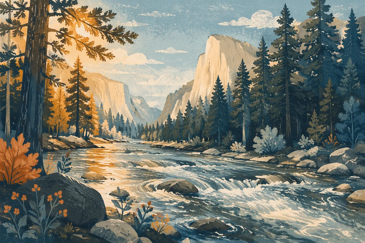 Peaceful River in Evergreen Mountain Valley