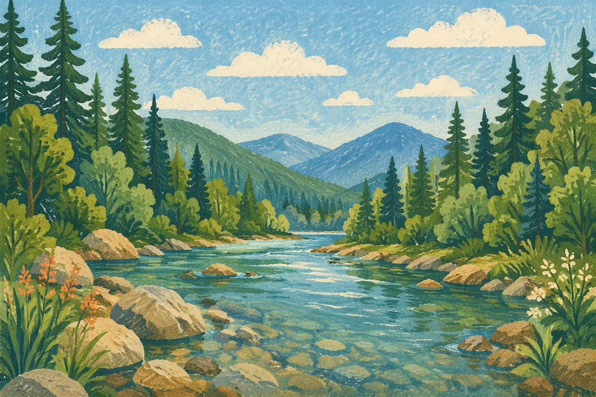 Peaceful River Through Evergreen Valley
