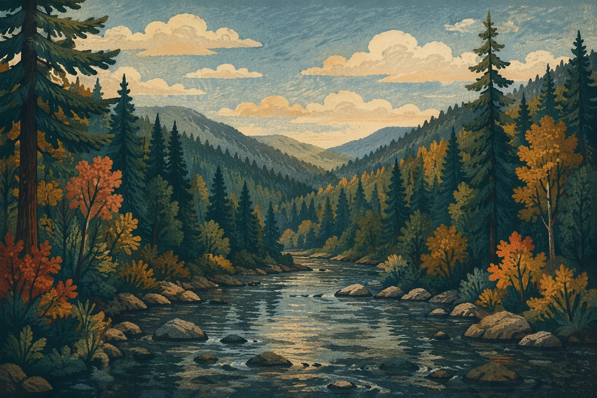 Peaceful Evergreen Valley River Landscape