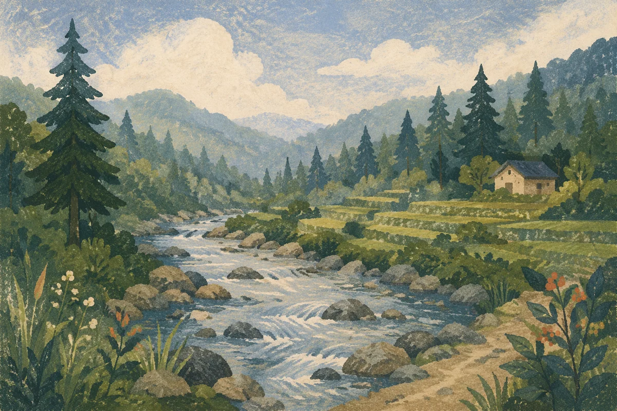 Peaceful River in Evergreen Mountain Valley
