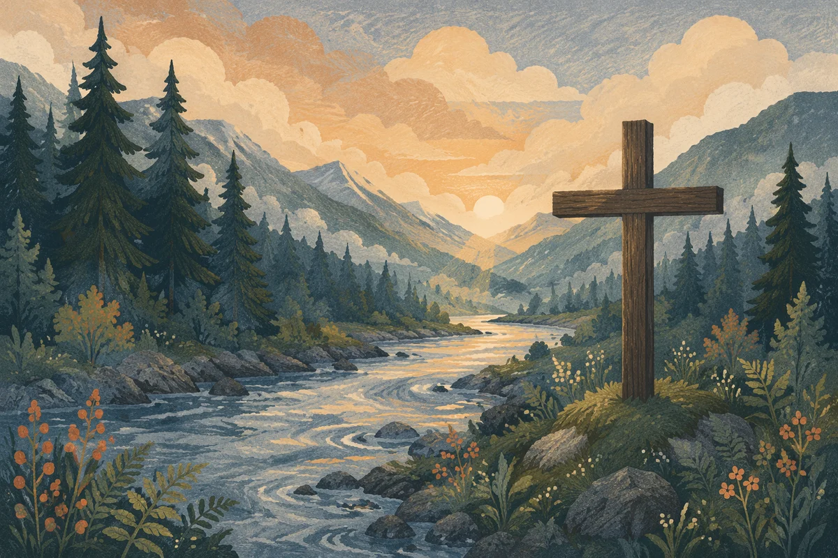 Peaceful River Valley with Wooden Cross