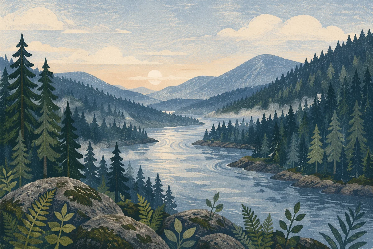 Peaceful River in Evergreen Morning Valley