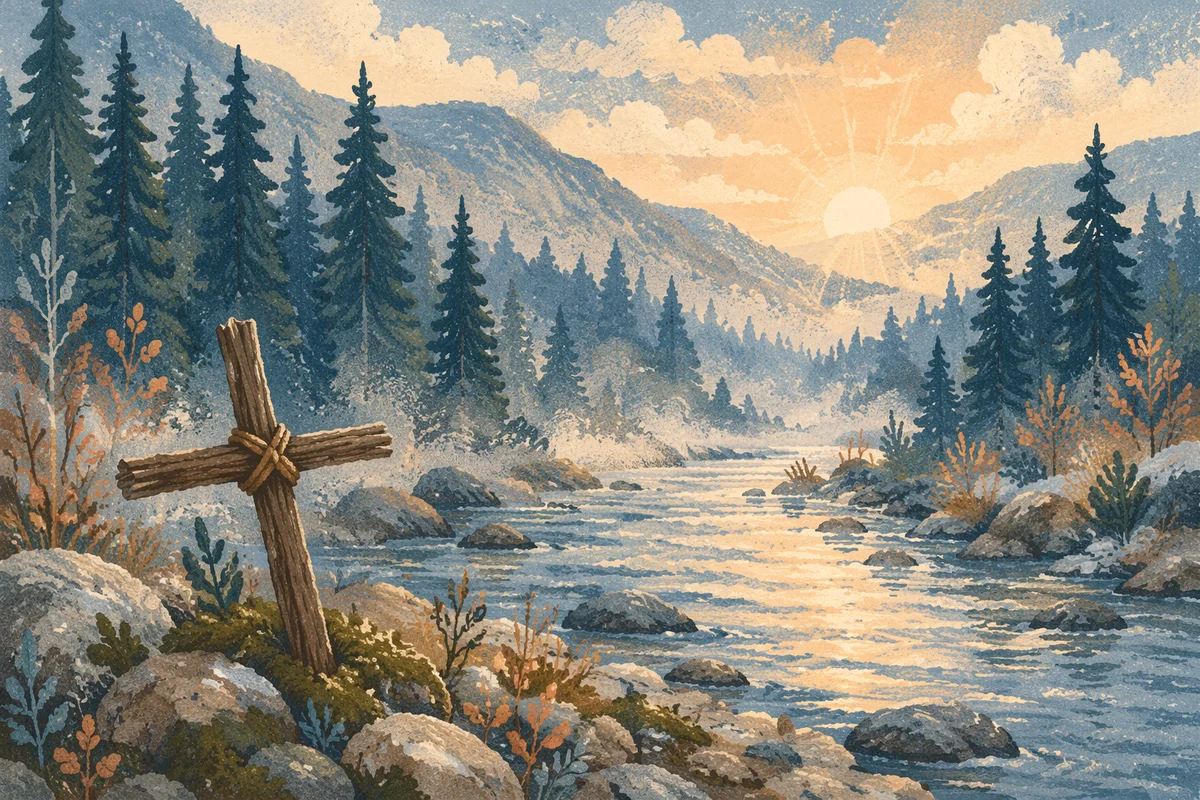 Peaceful Evergreen River Valley at Dawn