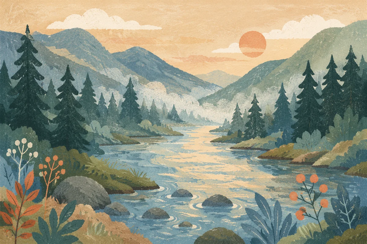 Peaceful River Through Evergreen Valley Dawn