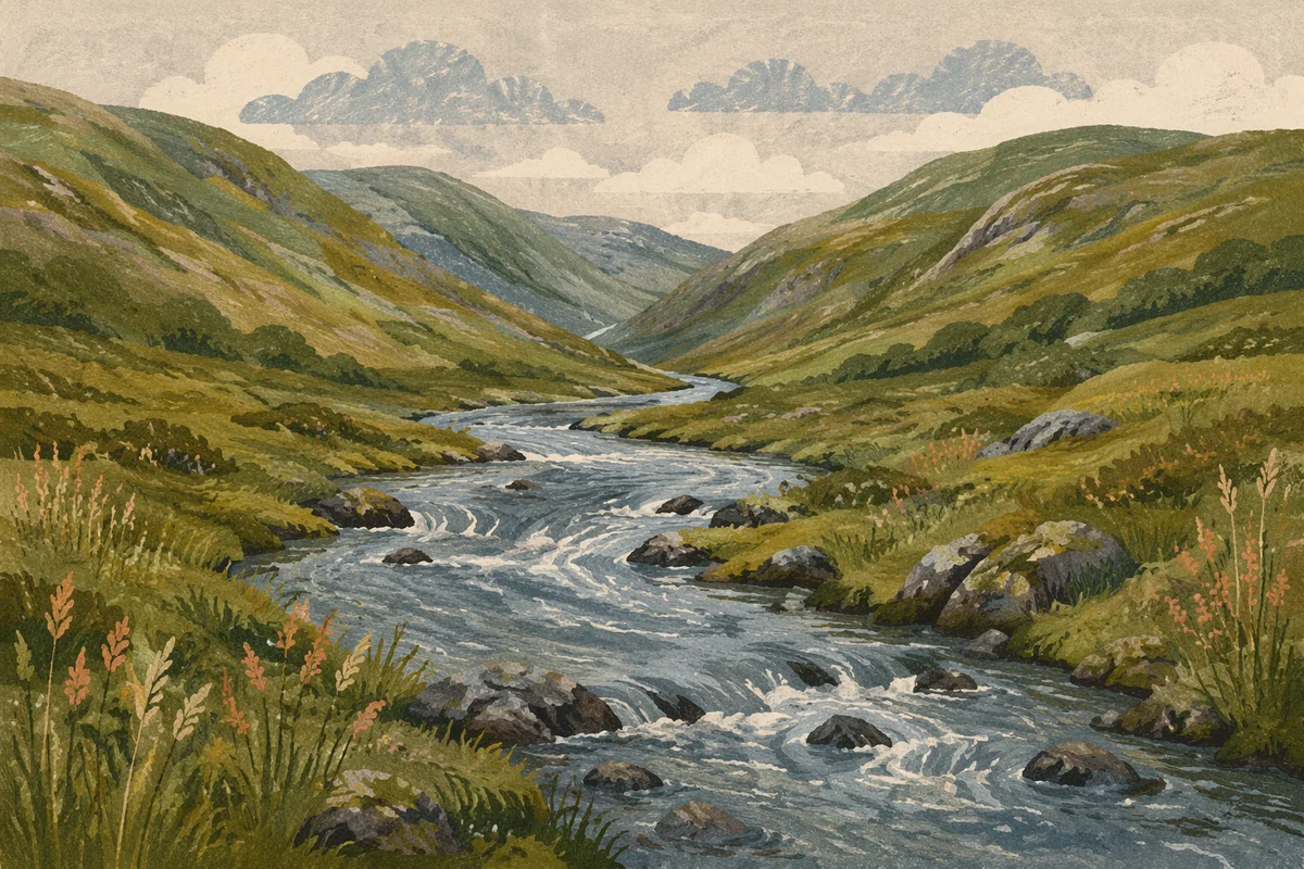 Peaceful River Through Evergreen Valley