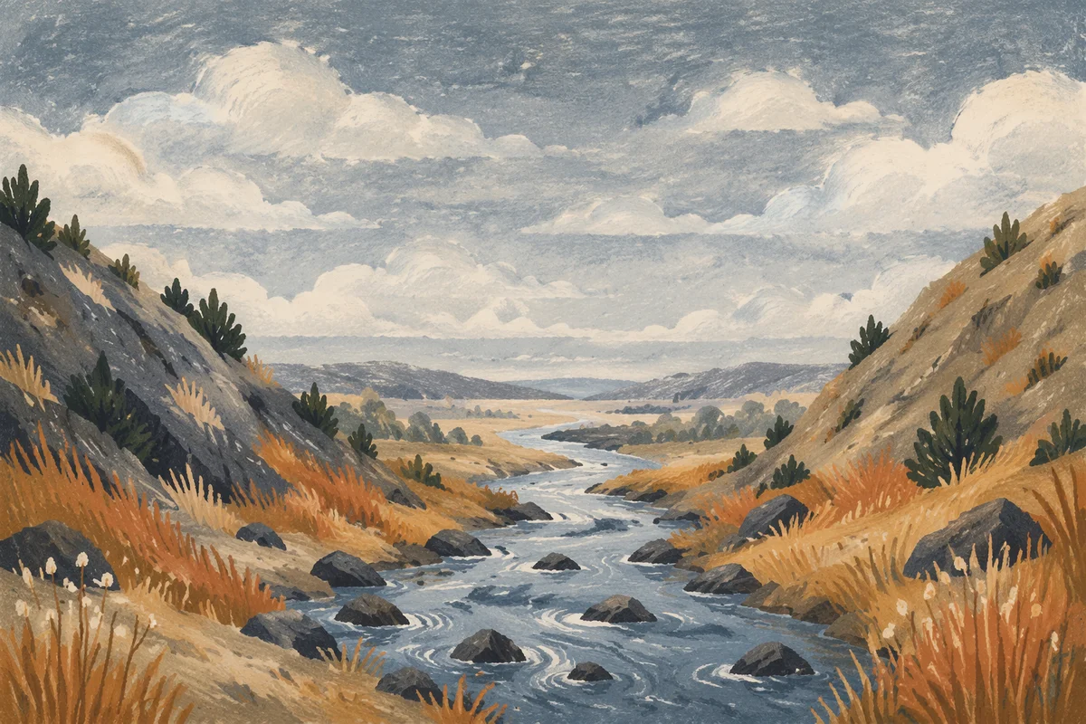 Peaceful River Valley with Evergreen Accents