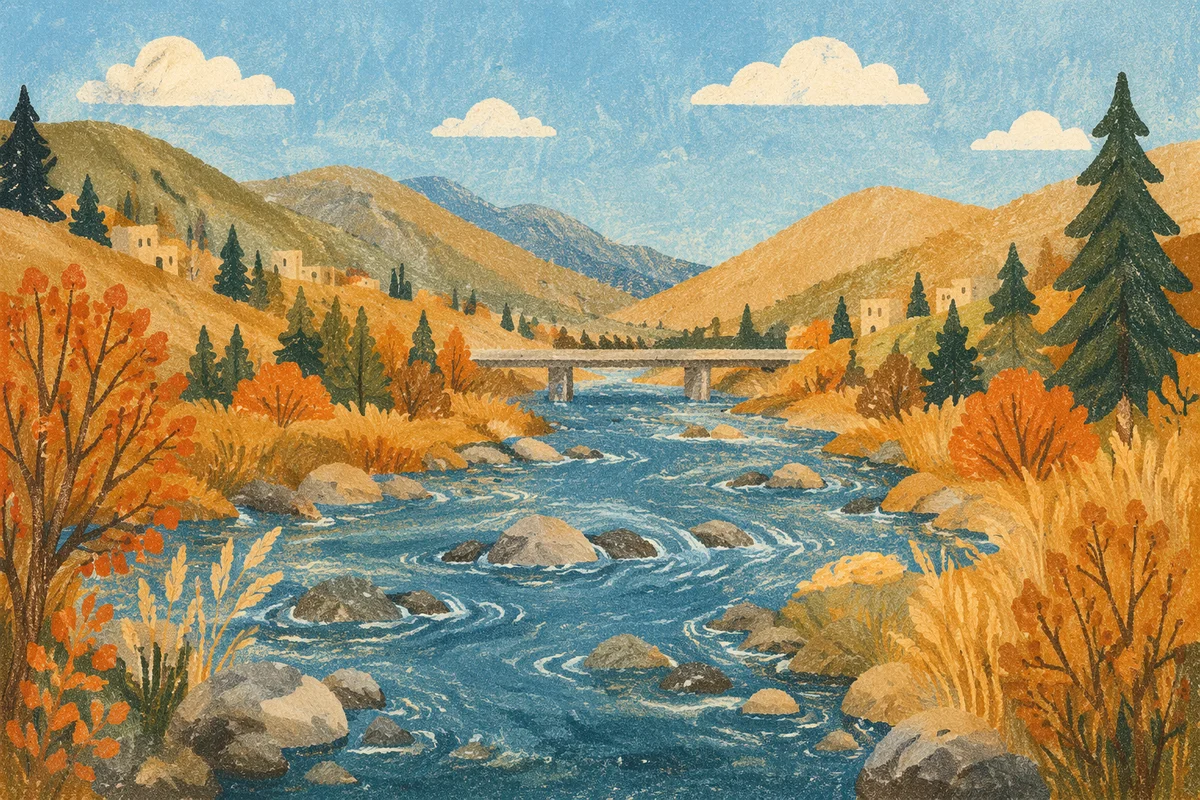Peaceful River Valley with Evergreen Trees