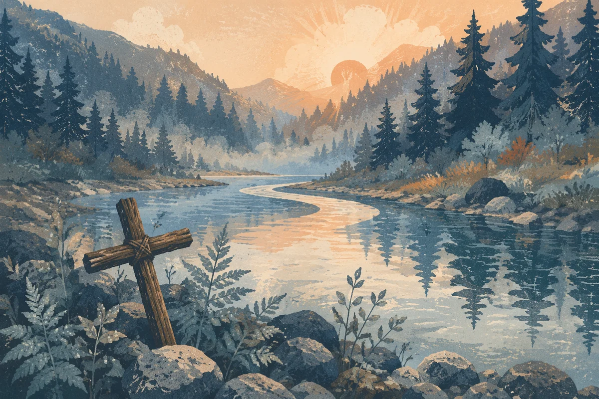 Peaceful Evergreen Valley River with Wooden Cross