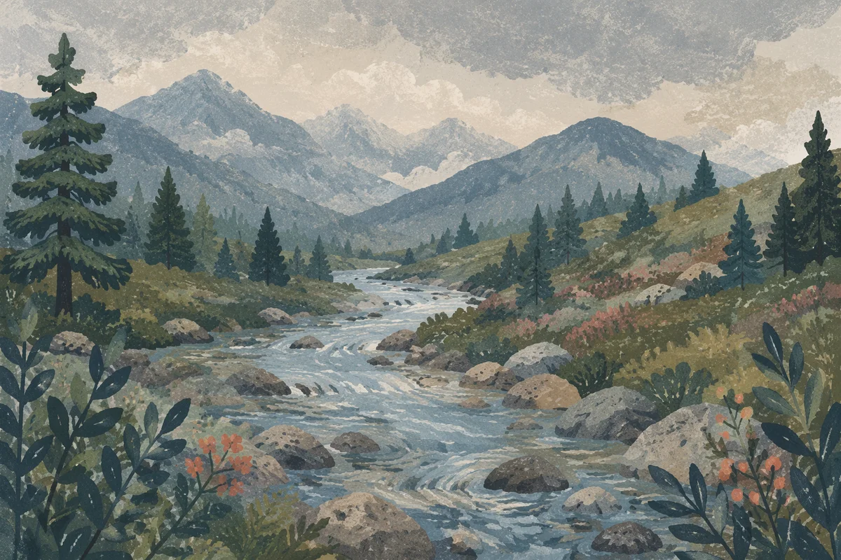 Peaceful River Through Evergreen Valley