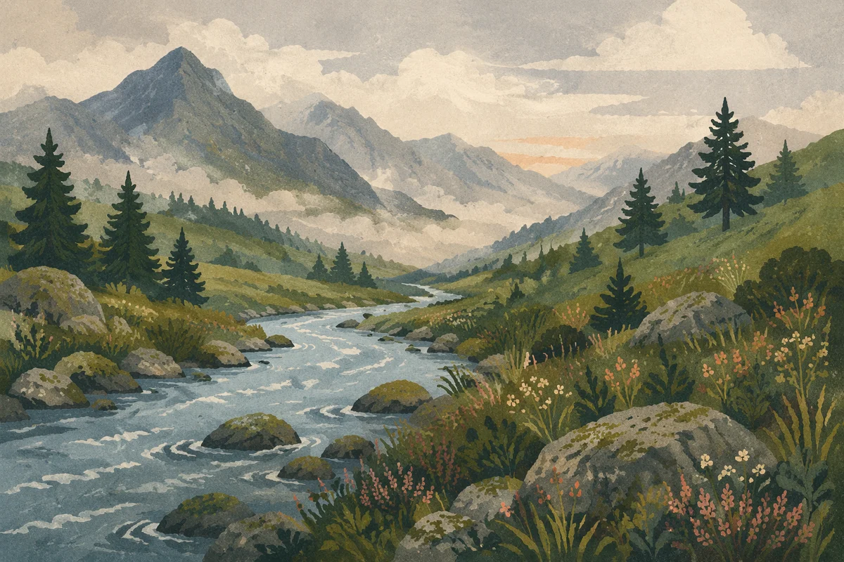 Peaceful River Through Evergreen Mountain Valley