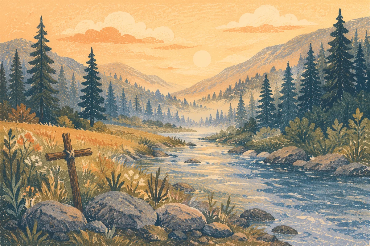 Peaceful River Valley at Evergreen Dawn