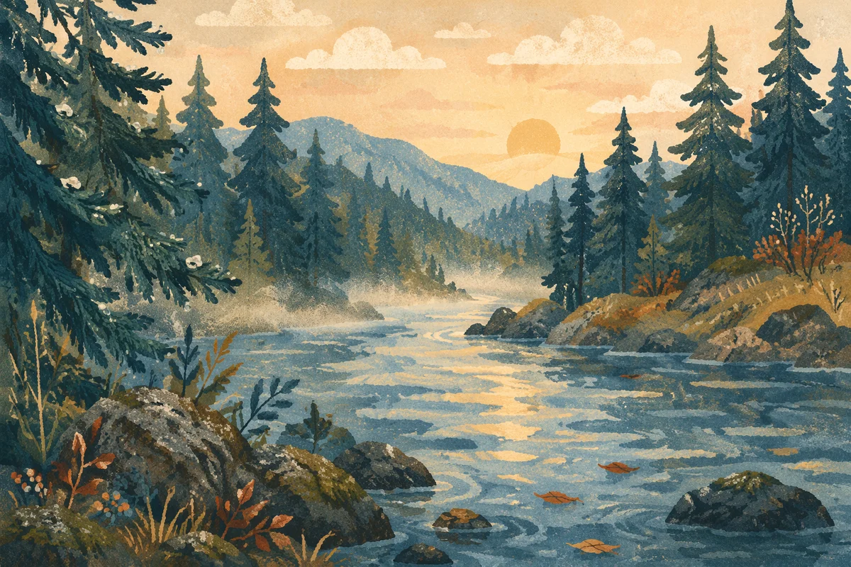 Peaceful Evergreen River Valley at Dawn