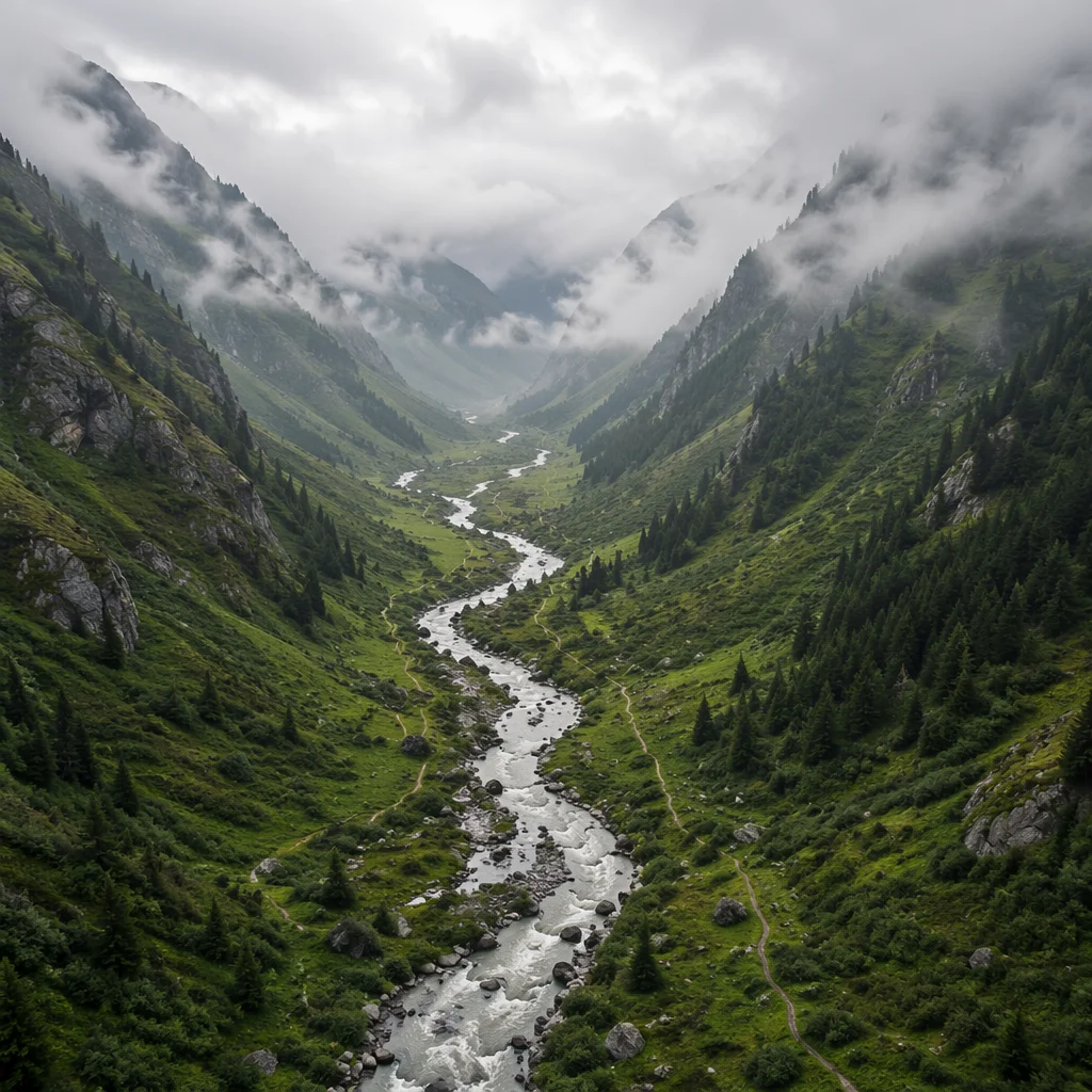 Peaceful River Through Evergreen Mountain Valley