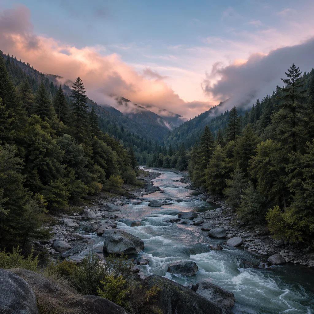 Peaceful River Through Evergreen Valley