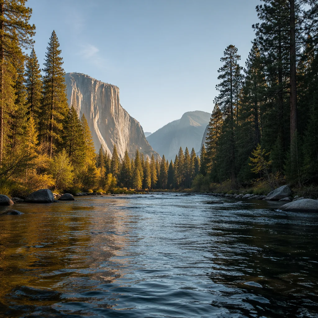 Peaceful River Through Evergreen Valley