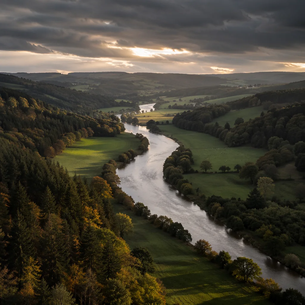 Peaceful River Valley with Evergreen Hills