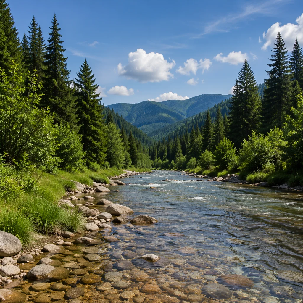 Peaceful Evergreen Valley River Landscape