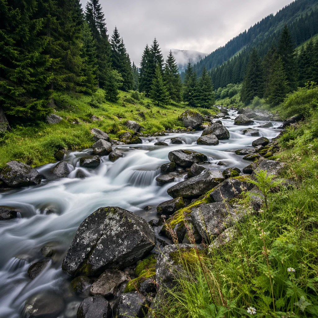 Peaceful Evergreen Valley River Waterfall