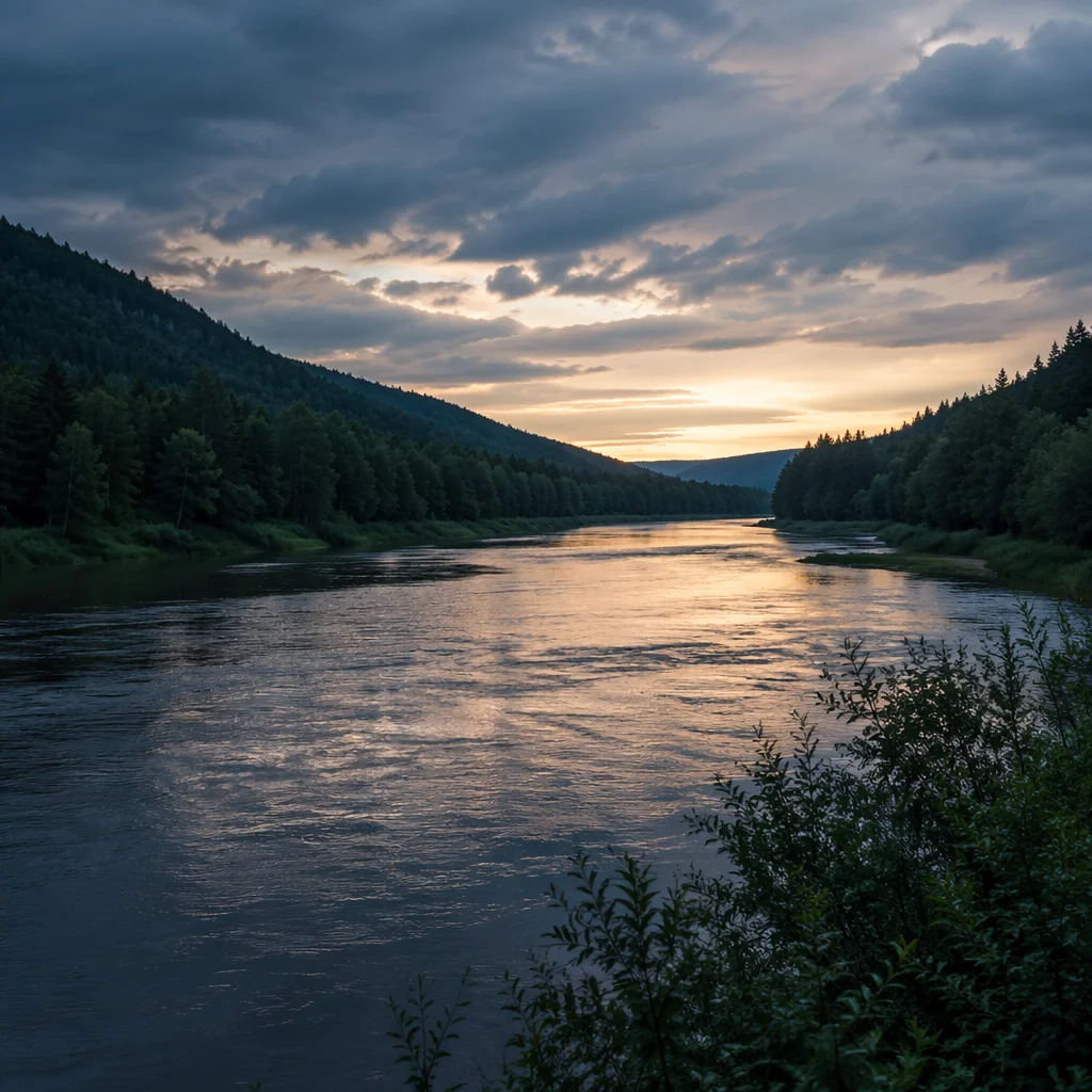 Peaceful River Through Evergreen Valley