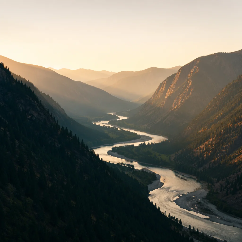 Peaceful River Through Evergreen Mountain Valley