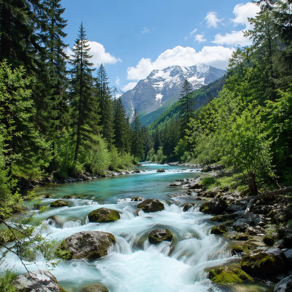 Peaceful Turquoise River in Evergreen Valley