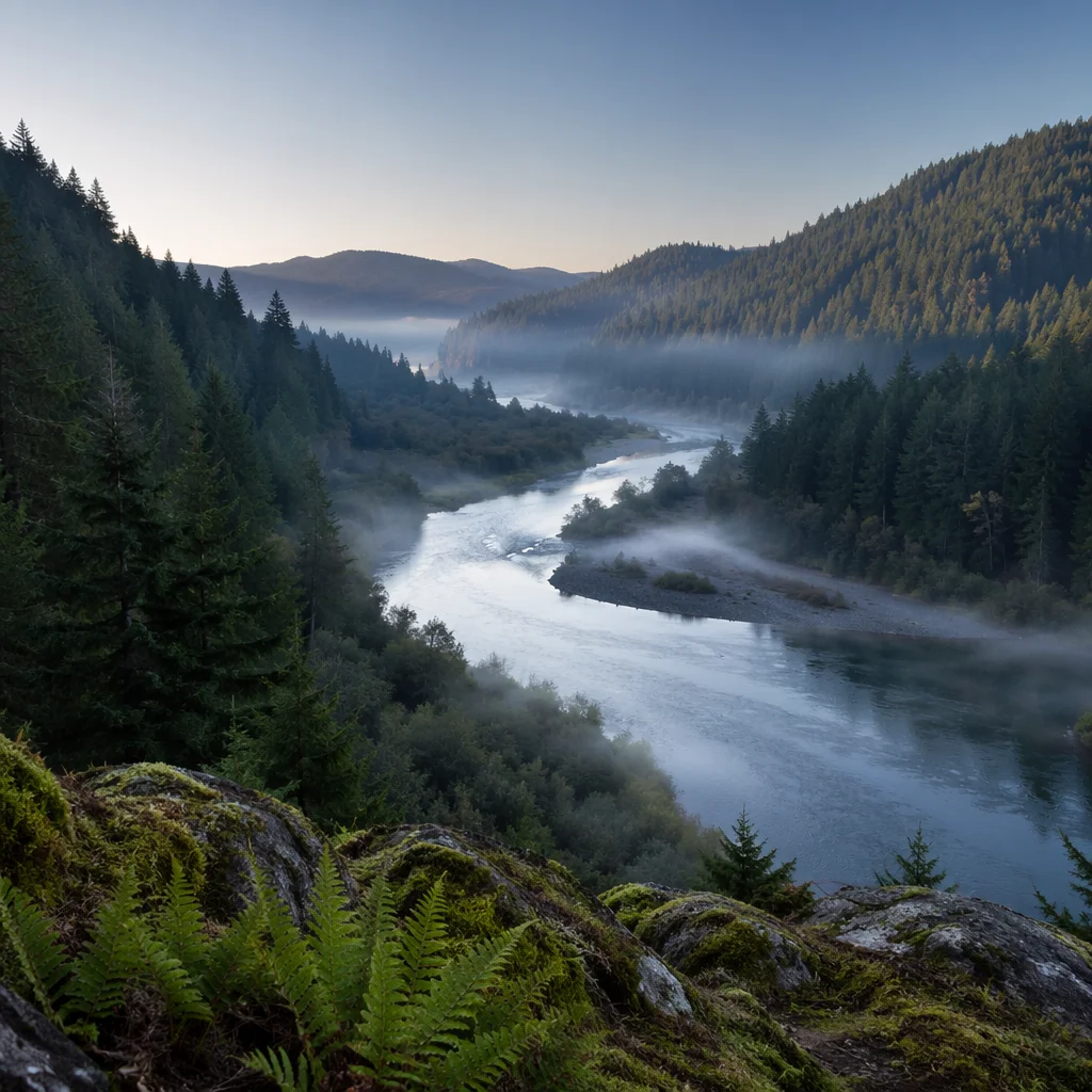 Peaceful River Through Evergreen Valley