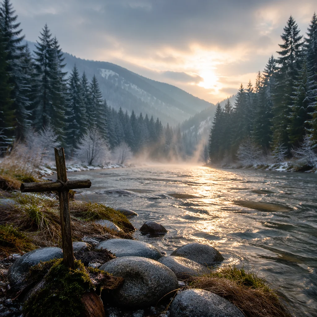 Peaceful River Valley with Wooden Cross