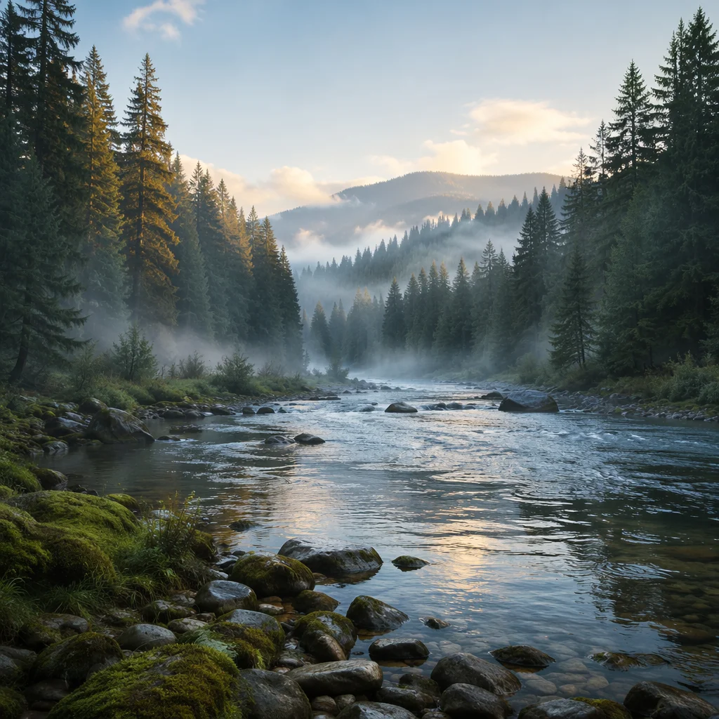 Peaceful River Through Evergreen Valley