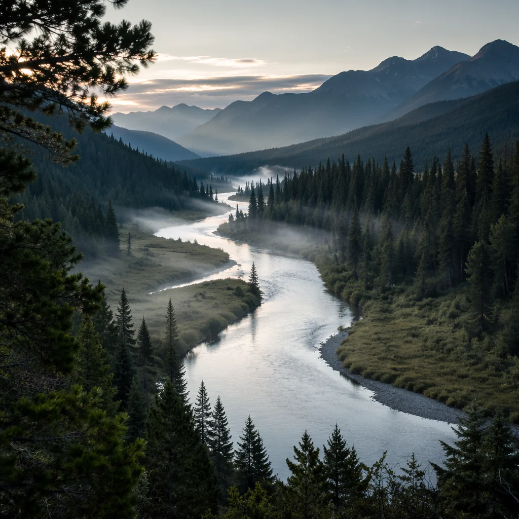 Peaceful River in Evergreen Mountain Valley