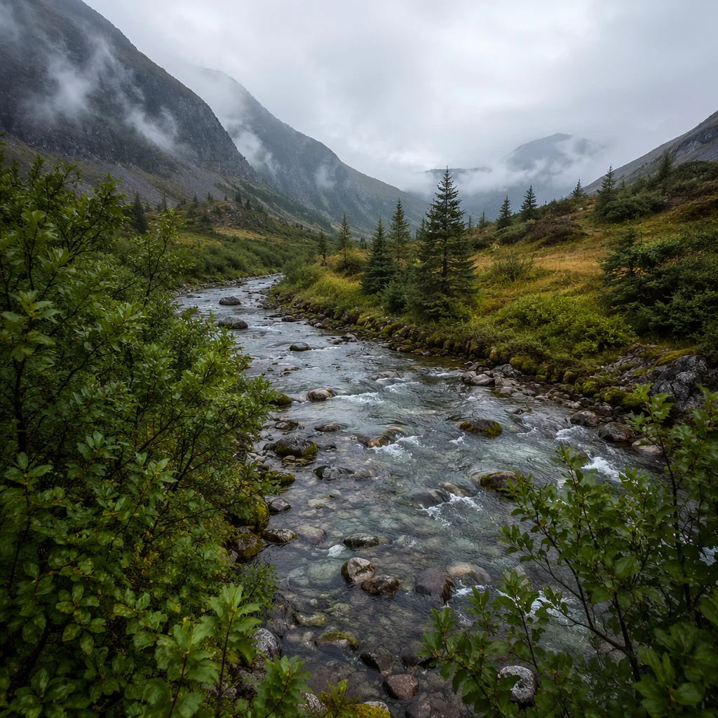 Peaceful River Through Evergreen Mountain Valley