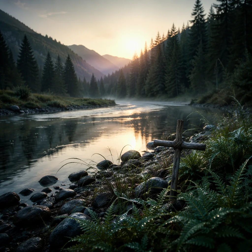 Peaceful Evergreen Valley River With Wooden Cross