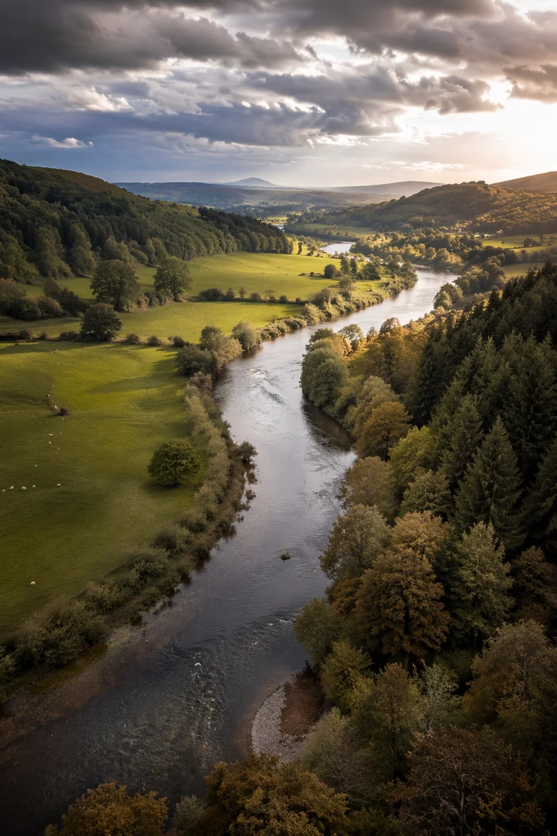 Peaceful River Valley Under Golden Clouds