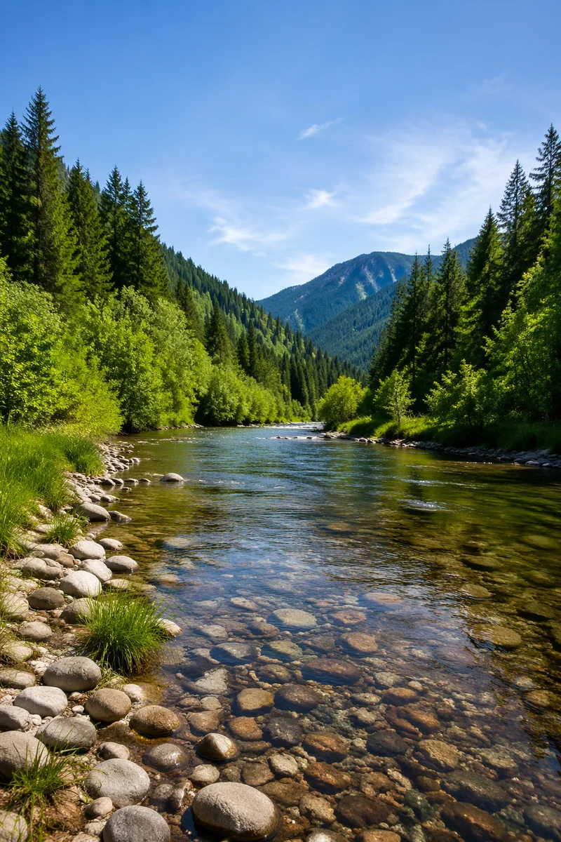 Peaceful Evergreen River Valley in Summer