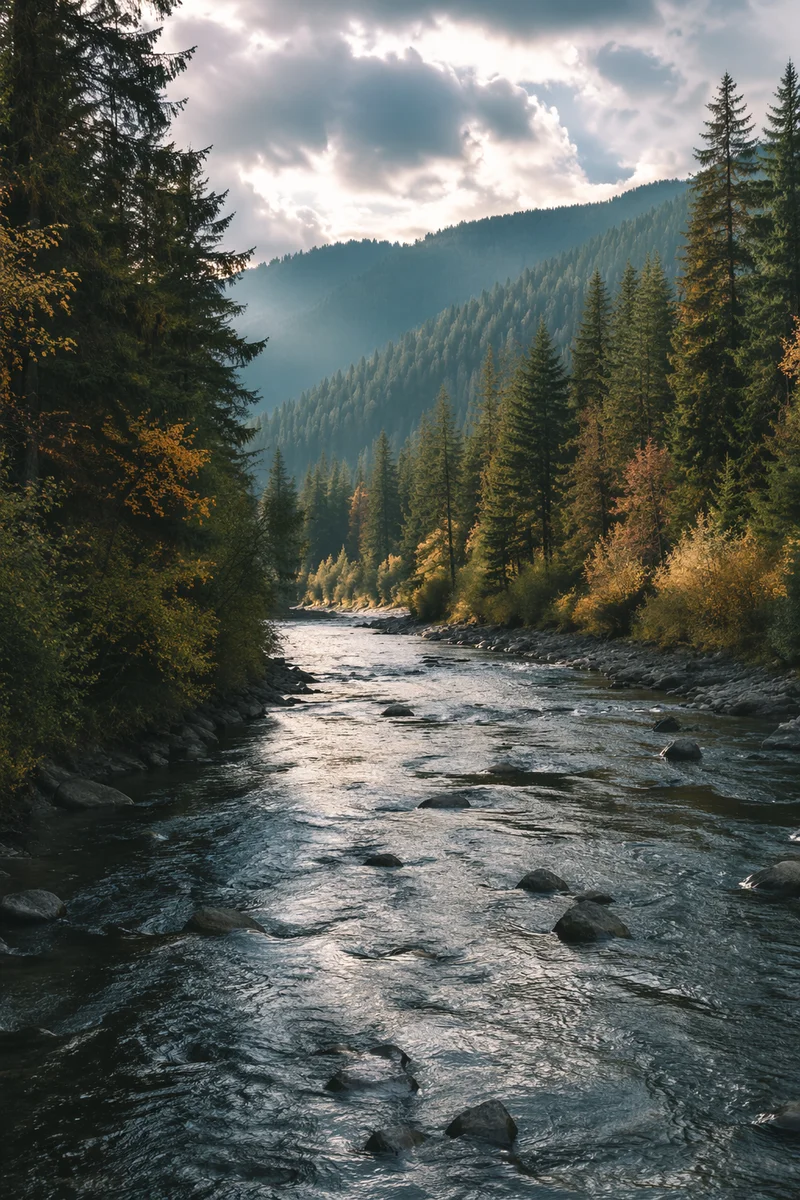 Peaceful River Through Evergreen Valley