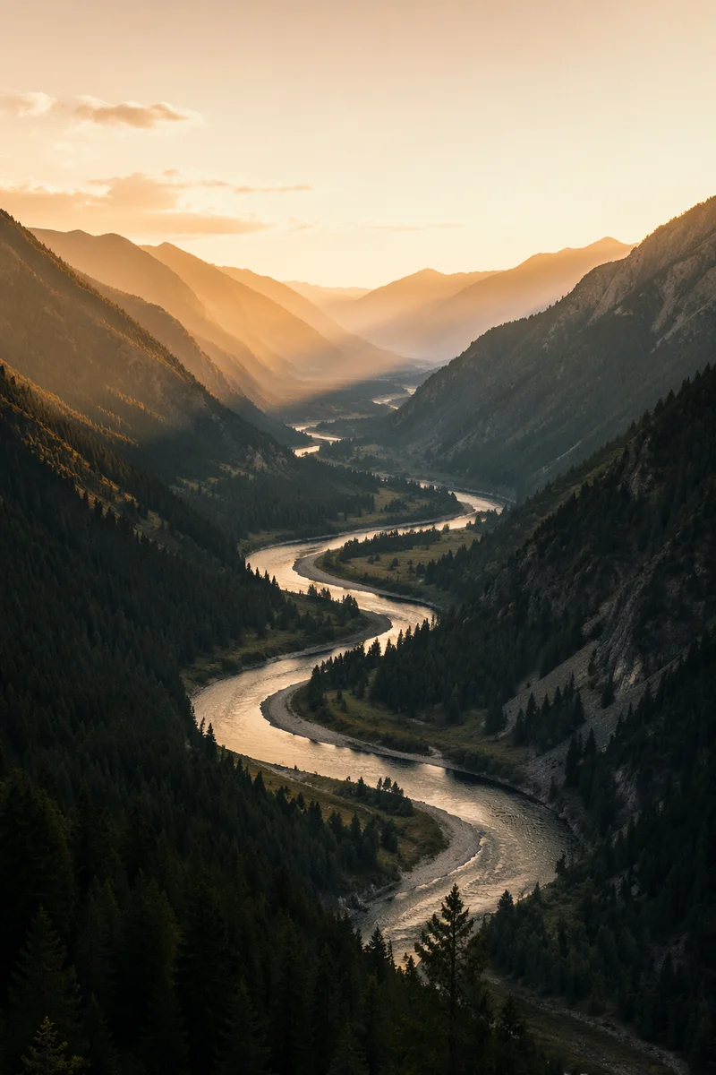Peaceful River Through Evergreen Mountain Valley