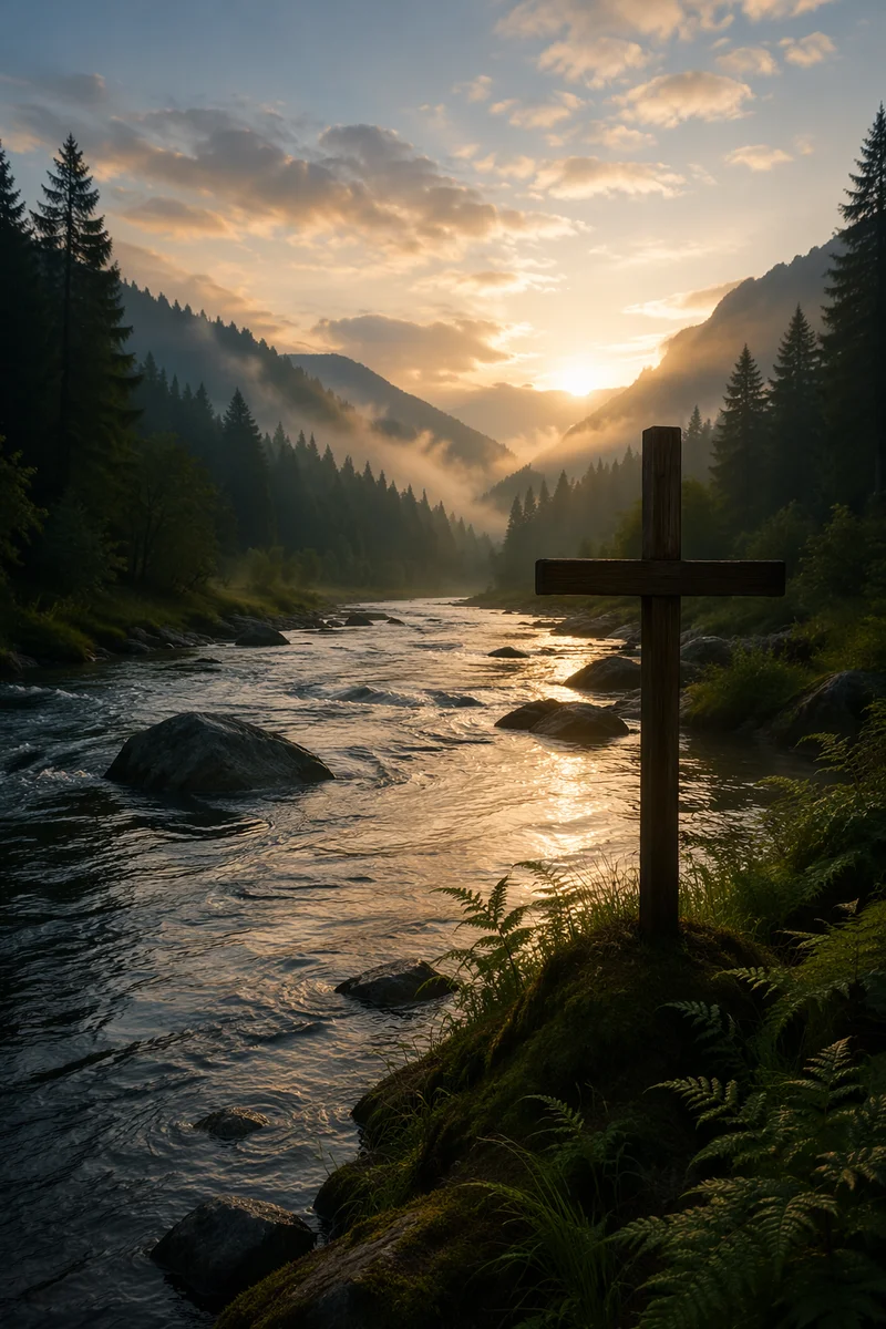 Peaceful River Valley with Wooden Cross