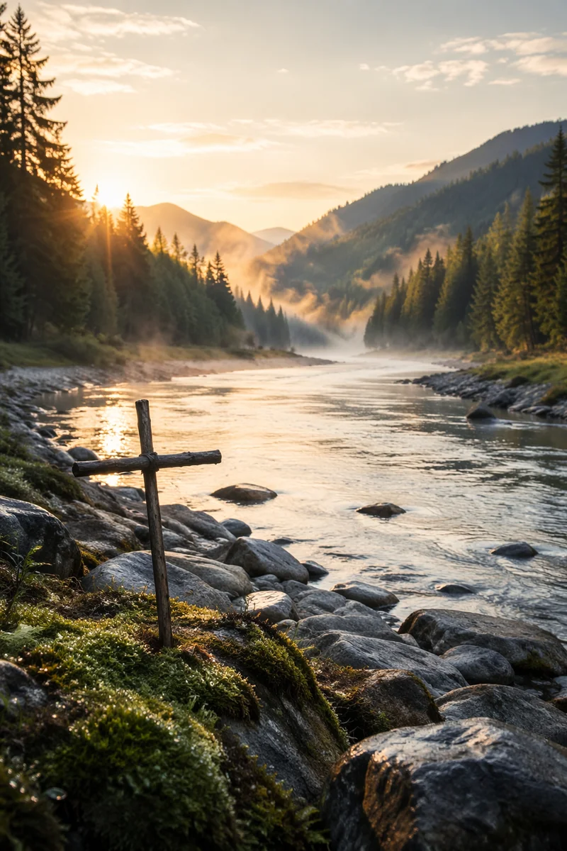 Peaceful Evergreen River Valley at Dawn