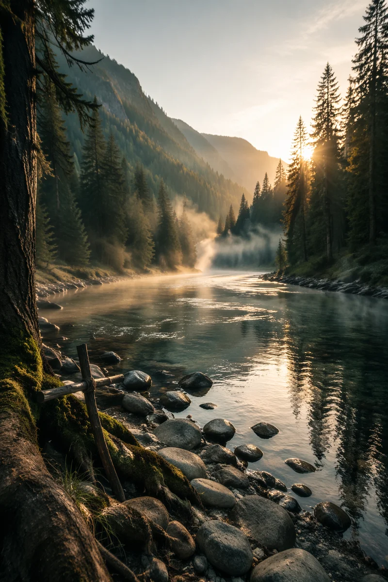 Peaceful Evergreen River Valley at Sunrise