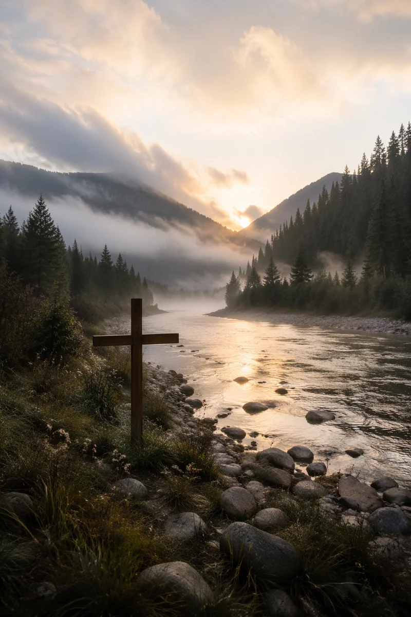 Peaceful River Valley with Wooden Cross