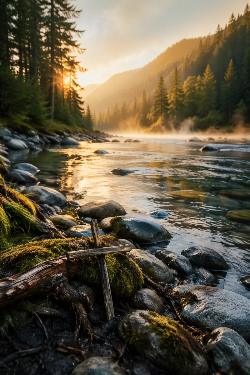 Peaceful Evergreen Valley River with Wooden Cross