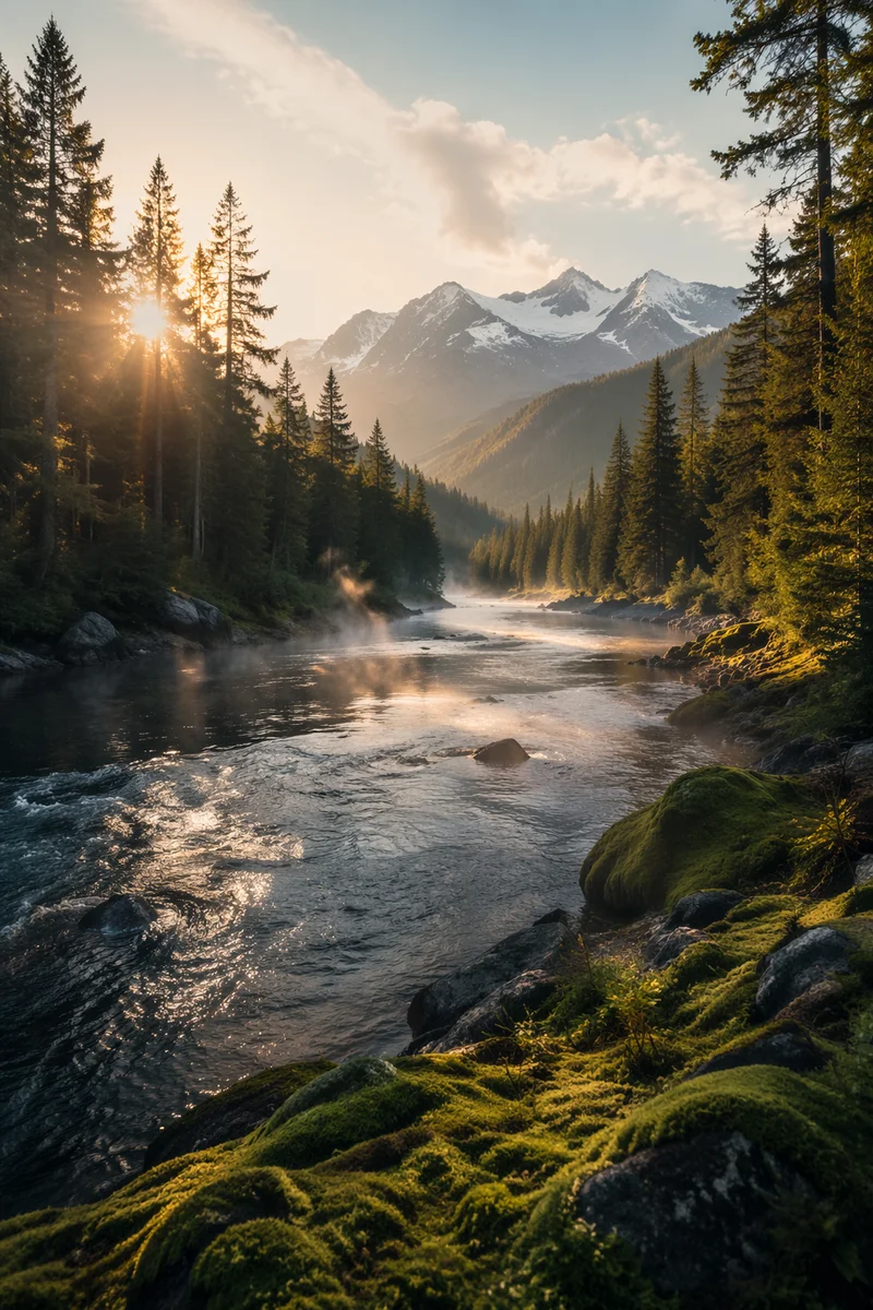 Peaceful River Through Evergreen Morning Valley