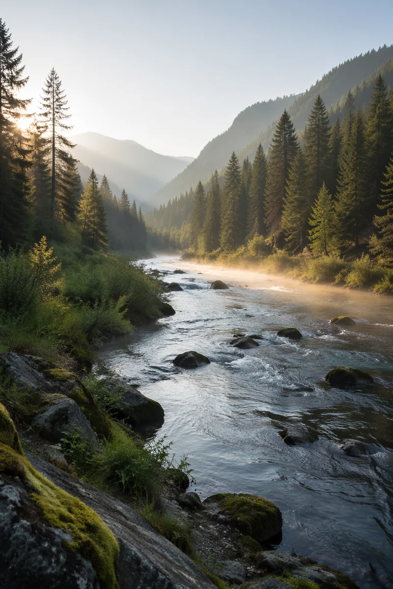 Peaceful River in Evergreen Valley Dawn