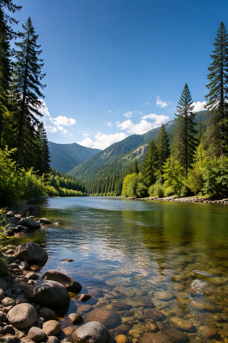 Peaceful River in Evergreen Mountain Valley